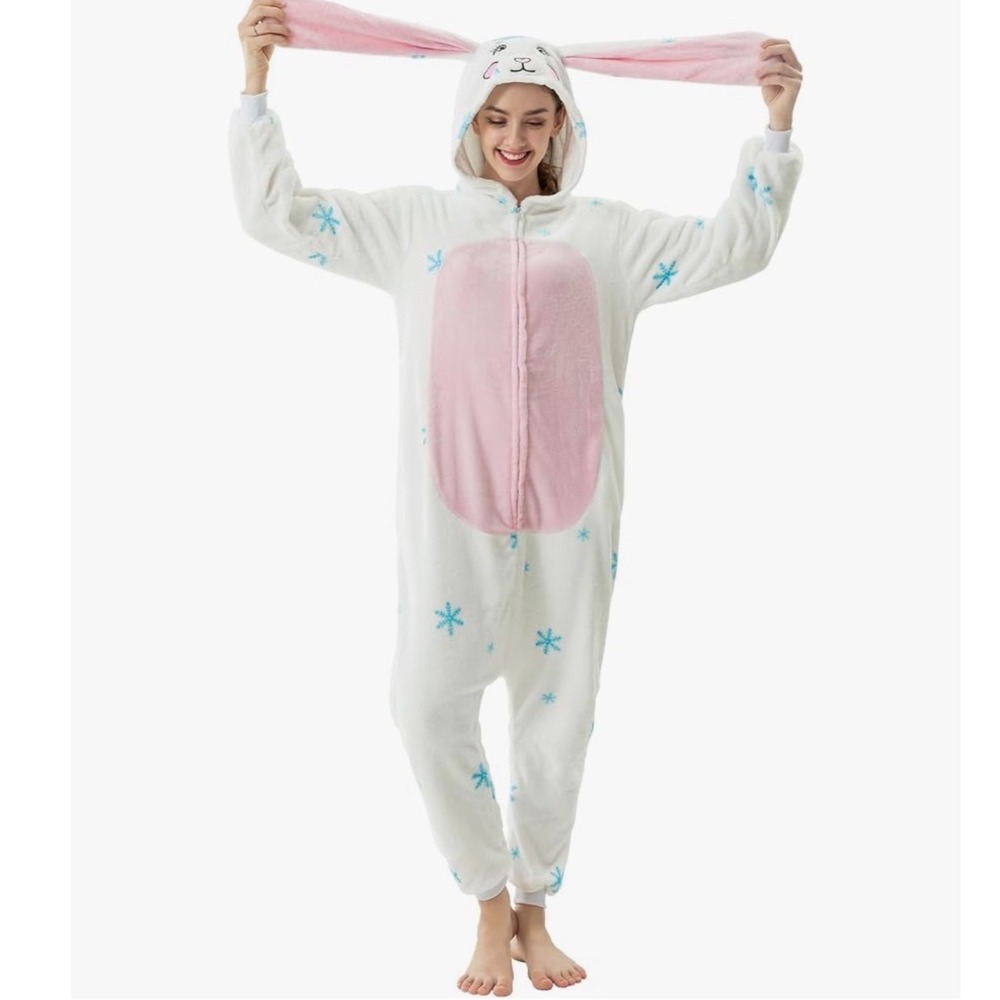 Bunny Pajamas One Piece Costume Size Large White Pink Snowflake Plush NWT